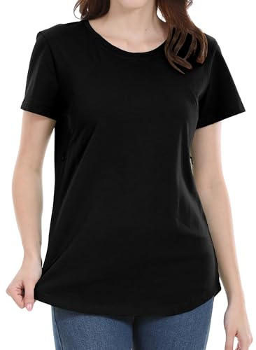 Happy Cherry Frauen Stilltop Sommer Stillshirt Rundhals Kurzarm Umstandstop mit Versteckter seitlicher Reißverschluss M Schwarz