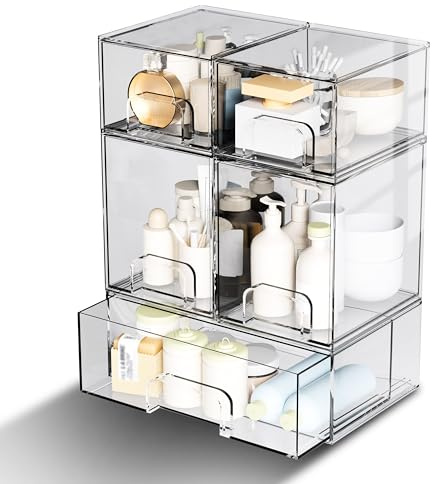 Binceen 5 Pack Stackable Storage Drawers, Clear Plastic Organizer Bins with Pull-out Handle for Makeup, Ideal for Vanity, Bathroom, Undersink, Cabinet, Pantry Organization