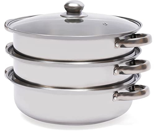 Kazafa 3-Tier Stainless Steel Vegetable Steamer, Multi Food Cook Pot, Glass Lid, Silver, Round, Dishwasher Safe