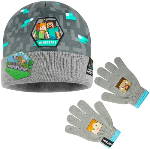 Minecraft Winter Accessories Set for Boys & Teens 6-14 Years, 1 2 or 3 Pcs Set, Scarf Winter Hat & Gloves, Gifts for Gamers (6-14 Years, Grey Hat & Gloves)