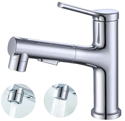 Sumeber Rubinetto per bagno, rubinetto per lavabo, con doccetta estraibile, risciacquo, spazzola per capelli, ideale per lavare i capelli, miscelatore monocomando con beccuccio girevole (3 funzioni