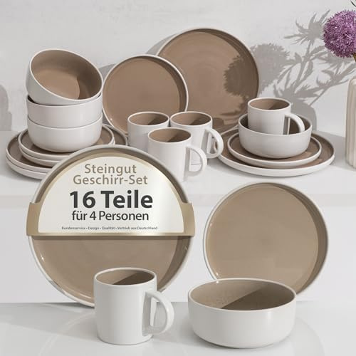 Hausfelder Geschirrset 4 Personen 16teilig, Steingut Geschirr Set, Steingutset mit Speiseteller Frühstücksteller Schüsseln Becher, Mikrowellen & Spülmaschinenfest