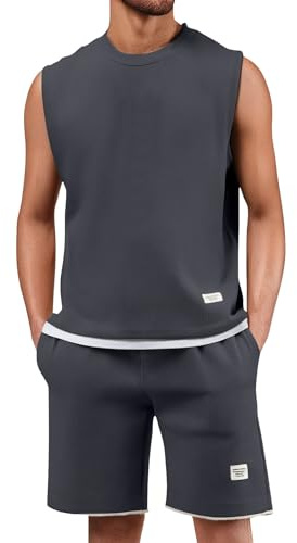 Waffle Trainingsanzug 2 Teiler Herren Jogginganzug Herren Shorts und Tshirt Set Sommer Outfit Zweiteiler Fitness Kleidung Freizeitanzug Shirt + Kurze Hose Sportanzug Sommeranzug (AA-Dark Gray, L)