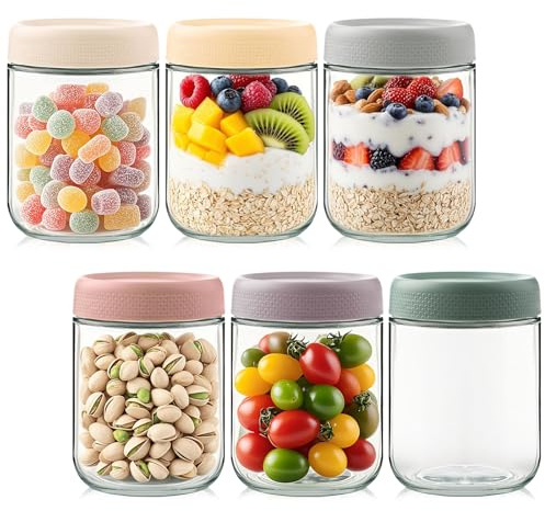 Jogoico Overnight Oats Jar Container 6 Pack Glass Mason Jar with Lid 500ml | Breakfast Pots with Screw Lid Leakproof Reusable Portable Wide-Mouthed Cups for Salad Fruit Pudding Jam Yoghurt