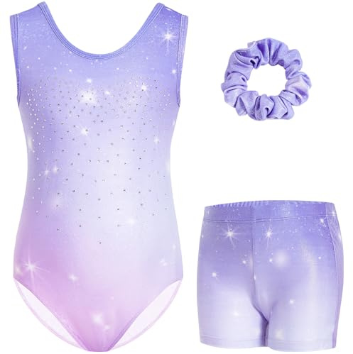 Gogokids Ensemble de Justaucorps de Gymnastique à Trois Pièces sans Manches pour Filles avec Shorts et Élastique à Cheveux, Tenues de Gymnastique Enfants avec Accents en Strass et Design Croisé