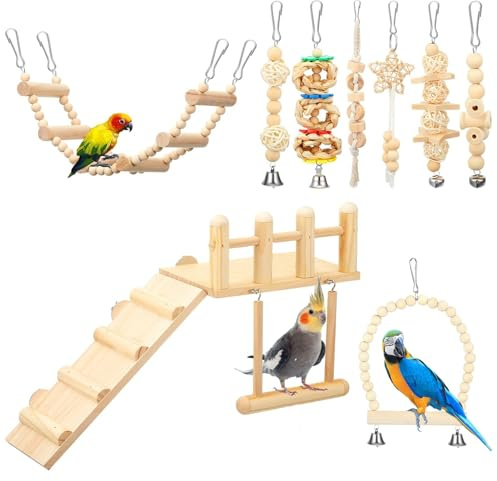Morezi Bird Swing for cage Parakeet Parrot Swing Wood Hemp Rope Ladder Toy Play Gym Hanging Swing Parrot Perch Hammock Toy for Budgerigar Conure Cockatiel mynah Finches Small Medium Breeds 10pcs