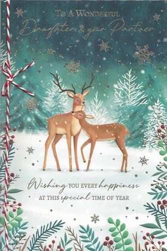 Large Daughter & Partner Christmas Card 24 x 16 cm – ‘To a Wonderful Daughter & Your Partner’ – Luxury Foiled Reindeer Snow Scene – With Red/White Twine & Envelope – UK Greeting Card