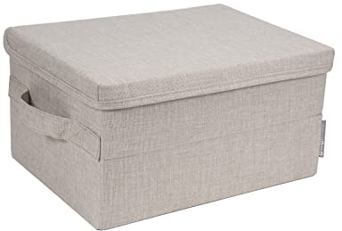 Bigso Box of Sweden stor förvaringslåda med lock och handtag – förvaringslåda av polyester och linneutseende kartong – vikbar låda för kläder, filtar, leksaker etc. – beige