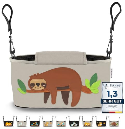 GRINSEZWERGE Kinderwagen Organizer 9 Motive mit Feuchttuchspender I Kinderwagen Tasche mit Schultergurt I Kinder Buggy Organizer I Kinderwagentasche Aufbewahrungstasche Baby Stroller Bag grau Faultier