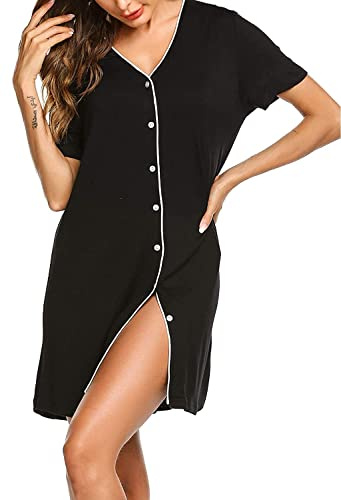 OCCIENTEC Camisón de Lactancia para Mujer Verano Camisón Maternidad Lactancia con Botones con Cuello en V Negro, S