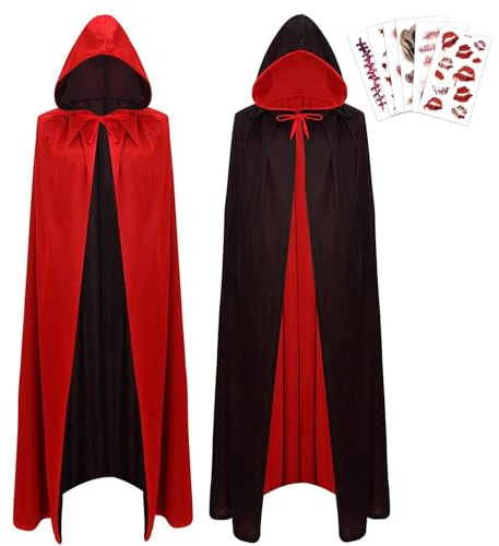 JSRHEEM Halloween Umhang mit Kapuze 150cm - Vampir Kostüm mit Temporären Tattoos - für Halloween & Fasching & Karneval für Kinder & Erwachsene, Beidseitig Schwarz/Rot(150cm)