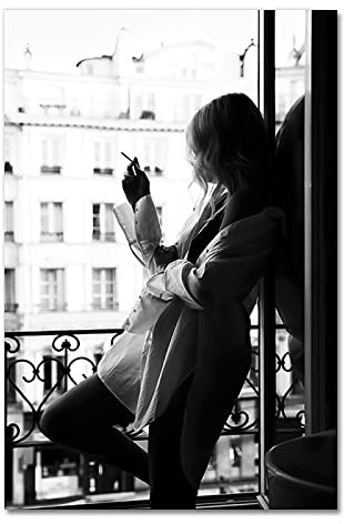 GEMMII Leinwandbild XXL- Black White Smoking Woman By The Window Poster Leopard Color FashionWall Art Beauty Quotes Pictures 29.7x42cm Frameless