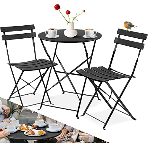 KESSER® Bistroset 3-teilig | Bistrotisch 2 klappbare Stühle Balkonset Balkonmöbel Klapp-Möbel Gartenset Sitzgarnitur Gartengarnitur Gartenmöbel Sitzgruppe Metall | Gartentisch mit Abdeckung Schwarz