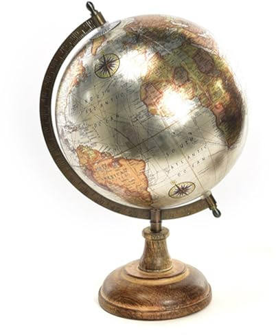 Decorspace Globus mit Standfuß aus Holz für Räume Höhe 32,5 cm (Silber)