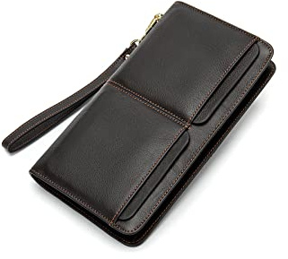 PORRASSO Leder Geldbörse Herren Clutch Tasche Kreditkartenetui Brieftasche Handytasche Portemonnaie mit 11 Kartenfächern Kaffee