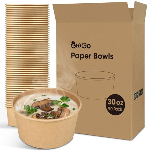 Ginkgo 90 Count 30 oz Extra Large Paper Bowls Leak Proof Disposable Hot Soup Bowls Bulk Large Salads Bowls, Heavy Duty Paper Bowls for Ice Cream, Hot Soup, Salad, Dessert, Cereals, Food
