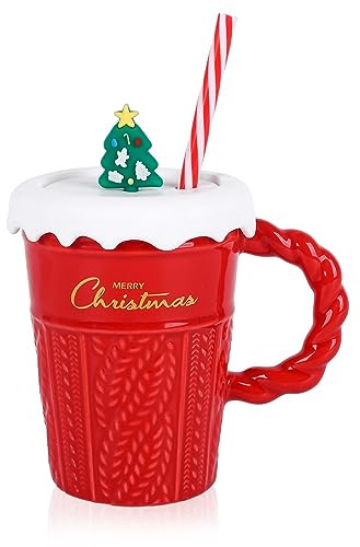 TSLBW Christmas Coffee Mug 400ml Christmas Ceramic Coffee Cup Tea Cup Milk Cup with Lid and Straw, Cute Xmas Couple Cup for Birthday Christmas Girls Boys Gifts (Red), HAHA-C2360