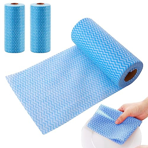 Eyccier 3 Rolls Disposable Kitchen Cloth 150 Sheets Disposable Cleaning Cloths All Purpose Dish Cloths Non Woven Blue Cloths Wash Free for Kitchen Bathroom Window Glass