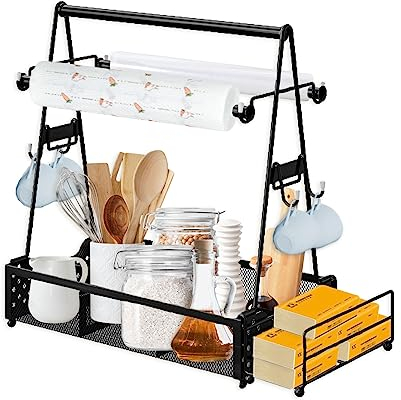 Grill Caddy with 4 Hanging Hooks - BBQ Accessories Storage, Griddle & Picnic Caddy - 15.15x6.53x14.4In (Black)