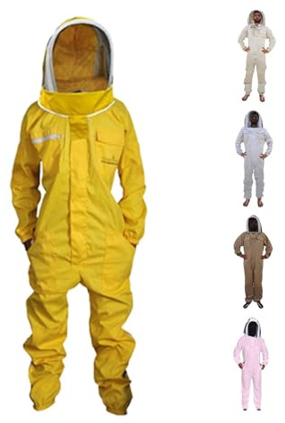 URBANSBEE Tuta Apicoltore professionale Abito Apicoltura Cotone Fantasia Cappuccio eampia tasca per gli apicoltori contro le punture delle api Tuta Naturale (S, Giallo Con Cappello Fantasia)