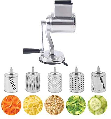 Râpe à tambour manuelle en acier inoxydable - Coupe-légumes manuel - Râpe à légumes - Avec 5 lames rondes en acier inoxydable et pied ventouse - Convient pour légumes, fruits, carottes, noix, etc