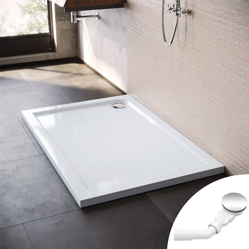 SONNI Piatto Doccia Quadrato Antiscivolo in Acrilico ABS, Bianco, 120 x 80 x 4 cm, con Scarico incluso