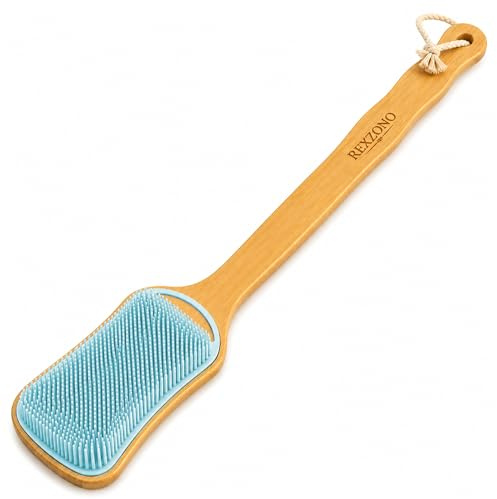 Rexzono Silicone Back Scrubber for Sensitive Skin, Exfoliating Body Scrubber, Long Handle Bath Brush, Loofah for Shower, Gentle Cleansing Scrub for Women and Men, Easy to Clean and Lather