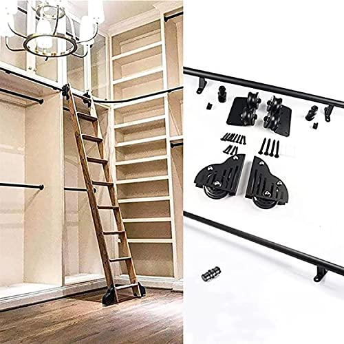 Rollbares Bibliotheksleiterschienen-Set, Schiebe-Hardware-Set (ohne Leiter), schwarzes rundes Rohr, Mobile Leiterschiene, Garage, Schrank, Kohlenstoffstahl-Schienensystem, Wandmontage-Set fü