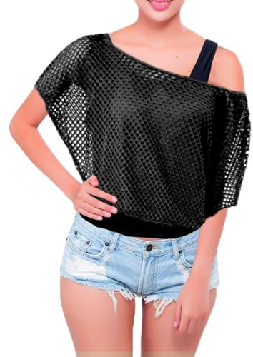 JINGTOPS Disfraz de Carnaval de 80 y 90 para Mujer, 80s Accesorios de Fiesta Para Mujeres NeóN, Camisa de Rejilla de 80 para Mujer, Camiseta sin Mangas (L, negro)