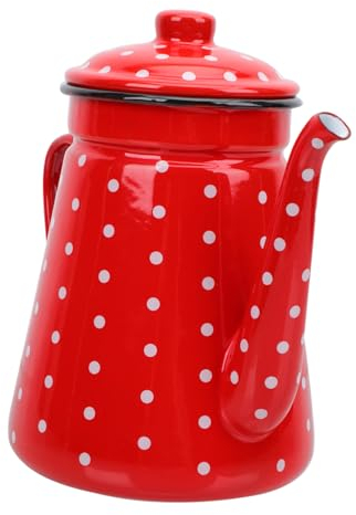 ABOOFAN Enameled Coffee Pot 1.5l Pour Spout Red White Dots Suitable for Stovetop and Camping Sturdy Enamel Teakettle for Household Use