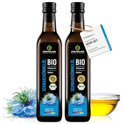 Kräuterland Bio Schwarzkümmelöl kaltgepresst gefiltert 2x500ml (1Liter) | 100% Nigella Sativa, hoher Thymochinongehalt, ohne Konservierungsstoffe & Aromen, nativ, vegan, mühlenfrisch in glasflasche