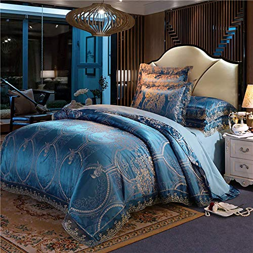 Bettwäsche-Set Seidenbettwäsche-Set King Size, Doppel-Bettbezug-Set Blau, Doppel-Bettbezug-Set Bettwäsche-Set King Size Seidensatin Jacquard-Spitze Doppelbett Twin Gold Lila Blumen 4-tlg. Dekoration (