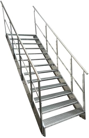 Kaminbau Mierzwa Premium Stahl Treppe mit beidseitigem Geländer komplett Verzinkt / 13 Stufen (Breite 1400 mm) (Höhe 247 cm) Wetterfest Gitterroststufe Gartentreppe