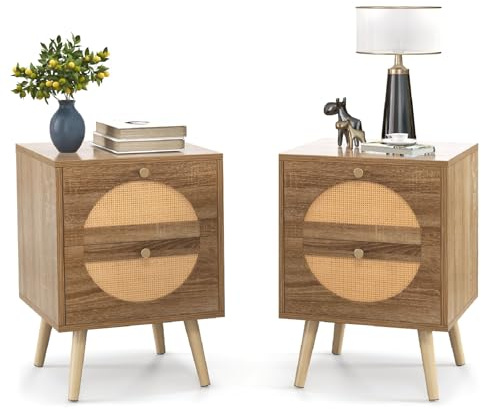 COSTWAY Rattan Bedside Table, Wooden Nightstand Sofa Side Table with 2 Storage Drawers, Solid Wood Legs Bedside Cabinet Accent End Tables for Small Space, Bedroom and Living Room, 40x40x56cm (2PCS)