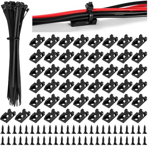 VooGenzek 50 Conjuntos 24.2 * 13.3 mm Bases de Montaje de Brida de Cable Tipo Sillín, Soportes de Bridas de Cables, con M3.5 Tornillos y Bridas, para Gestión de Cables, Negro