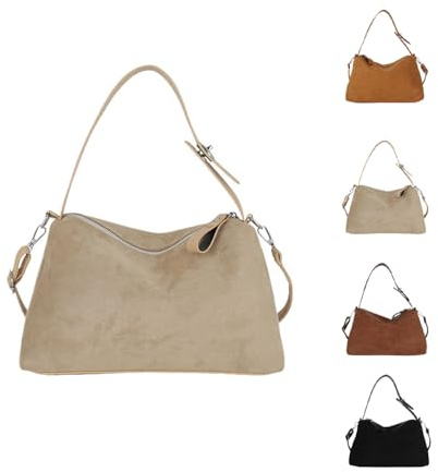 Borsa a Tracolla in Finta Pelle Scamosciata da Donna, Borsa in Pelle Scamosciata Marrone, Borse Hobo retrò a Mezzaluna da Donna, Borsa Tote Morbida