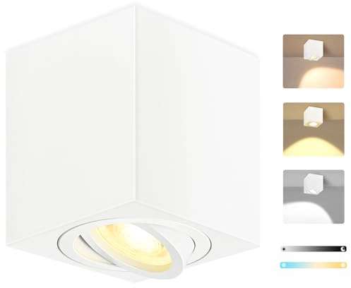 GeyouLux Focos Techo Cuadrados, Ø80x84mm Focos de Techo LED ángulo ajustable, Foco empotrable de superficie incl. 5W Intercambiable Módulo LED, 3000K/4000K/6500K Foco Techo, Aluminio(Blanco)