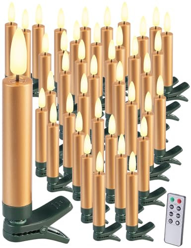 Lunartec Weihnachtsbaum Kerze: 40er-Set LED-Weihnachtsbaumkerzen mit Dochten und Flammen-Effekt, Gold (Christbaumkerzen, Weihnachtsbaumbeleuchtung, Flammenlose)