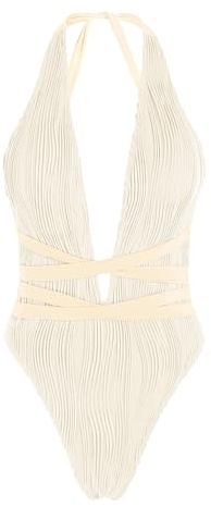 ZAFUL Women Plunging One Piece Swimsuit Backless Cross Tie High Cut Thong One-Piece Bathing Suit 3-Beige S