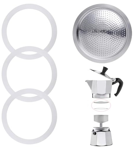 3 Stück Espressokocher Dichtungsring 6 Tassen, Silikon Ersatzdichtung mit Aluminium-Siebeinsatz, Dichtungsringe für Kaffeekannen (3 x Silikon Dichtungsring + 1 x Stahlfilter)