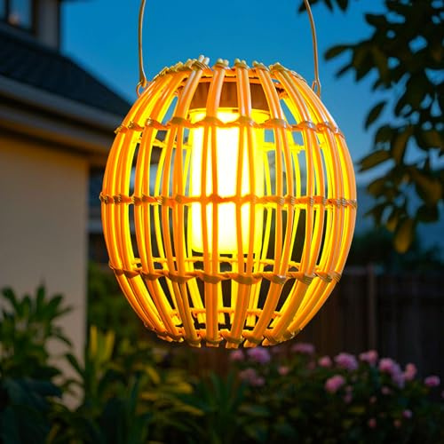 Solarlampen für Außen Hängend, Solarlaterne für Außen Garten Helle Solar Rattan Laterne Solarleuchten mit LED-Glühbirne Hängend Stehend Solarleuchten für Außen Terrasse Balkon (B)