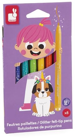 Janod – 8 Glitzerfilzstifte – Hohe Glitzerkonzentration und abwaschbare Tinte Malen für Kinder – Basteln, Scrapbooking, Handarbeiten – Ab 3 Jahren – J07412