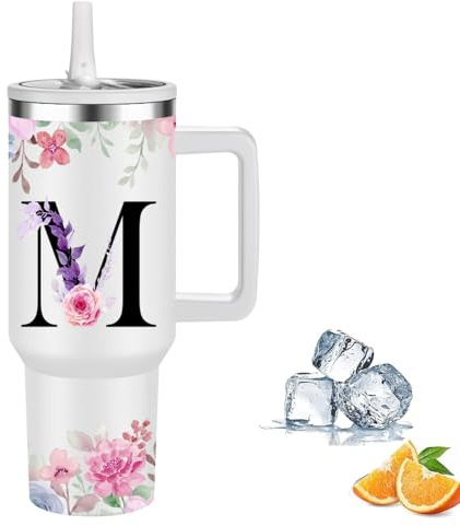 Thermobecher Personalisiert, Thermosbecher Kaffee to go Reisebecher mit Strohhalm,1.2l Edelstahl Trinkflasche Für Kohlensäurehaltige Getränke,Stylische Monogramm,Geschenke für Frauen und Männer(M)
