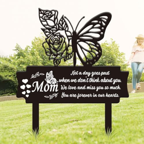 SUPERDANT Grabschmuck Wetterfest Mit Schmetterling Und Blume Metall Grabschmuck Erinnerung An Mama Schild Für Draußen Ornament Grab Deko Für Draußen Text Metall Friedhof Dekorative Erinnerungskunst