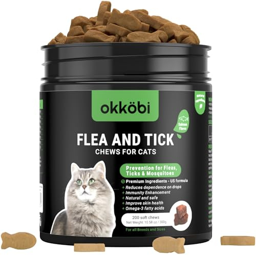 Flea and Tick Prevention for Cats Chewable - 200 Chews - Feral Cat Flea & Tick Control - Packed with Vitamins B1, B6, B12 & E - Salmon