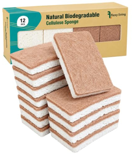 12 Pack Sponges Washing Up Made From Natural Cellulose Eco Sponge Scourer | Plant based Biodegradable kitchen Dish sponges, Super Absorbent, Long Lasting Heavy Duty Odor Free Non Scratch Kitchen Sponge