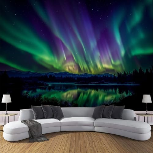 Papel Pintado Panorámico Auroras Boreales Cielo Nocturno 350x250cm Fotomurales Naturaleza Salvaje Alaska XXL Papel Tapiz Seda Decoración De Pared para Comedores, Salones, Habitaciones, Verde Esmeralda