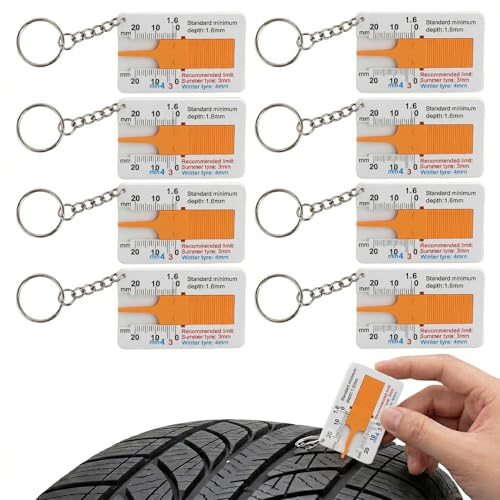 Lot de 8 jauges de profondeur de profil pour pneus, 0 à 20 mm, en plastique, jauge de profondeur de profil de pneu avec porte-clés, jauge de profondeur de profil de pneu pour voiture, moto, van