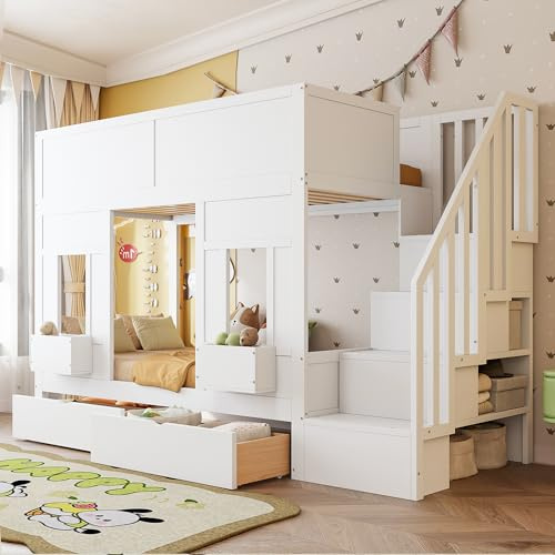 Etagenbett für Kinder mit Stauraumtreppe und Schubladen, 90x200Großes Hochbett mit Fenstern und Staukästen,Holzgestell mit Sicherheitsgeländer,Platzsparendes Kinderbett für Jungen und Mädchen (Weiß)