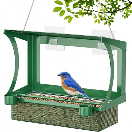 FANHAO Mangeoire Oiseaux Fenêtre 2-en-1 Métal, Extérieur sans Perçage | Plateau en Maille Métal, Toit Incliné, 2 Coupelles D’eau,Crochet Adhésif Pour Fenêtre, Jardin, Balcon et Terrasse